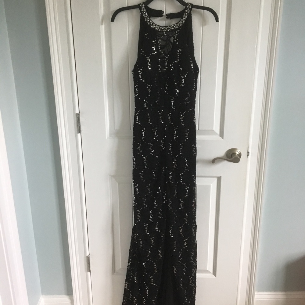 Black and silver slit formal dress